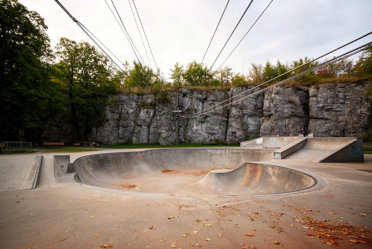 Skatepark u stóp wapiennej ściany z linami tyrolki nad dawnym kamieniołomem