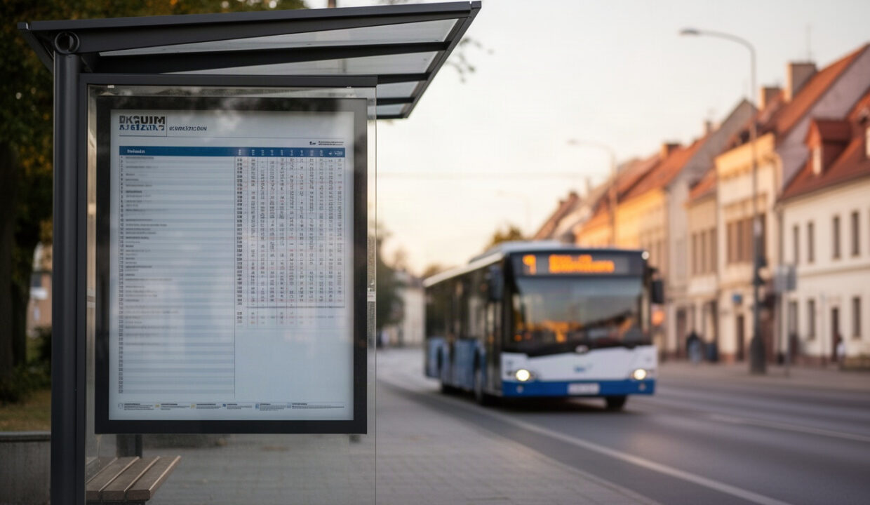 Przystanek autobusowy z nadjeżdżającym autobusem