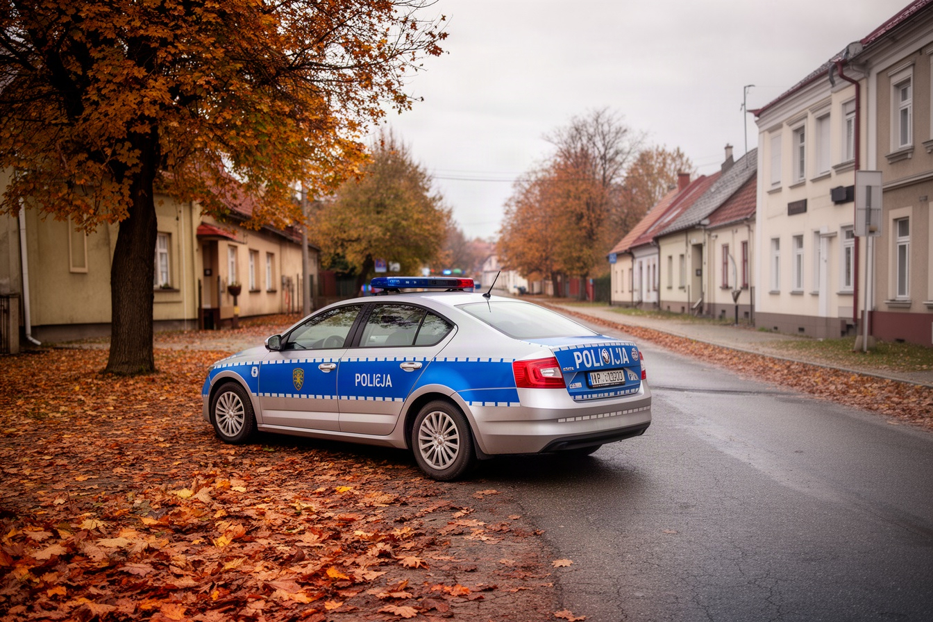 Radiowóz na ulicy małego miasta