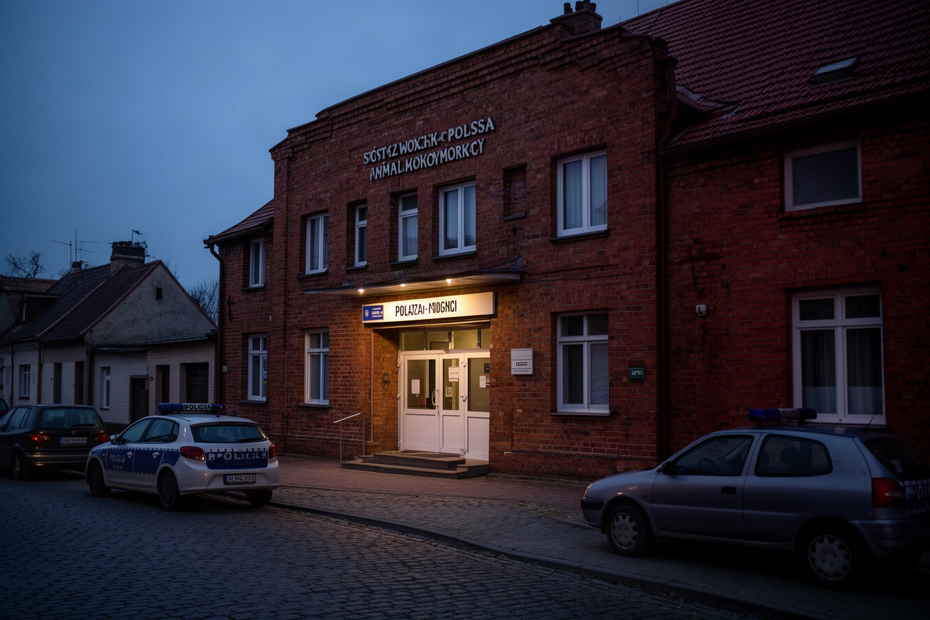 Wejście do komendy policji o zmierzchu